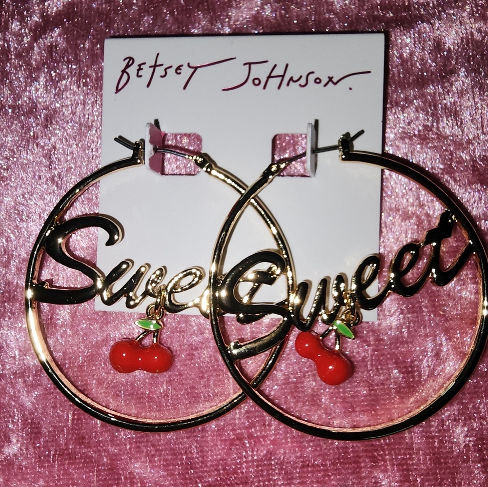 Betsey Johnson Gold Hoop Earrings with Red Cherry Charm Nwt 🍒